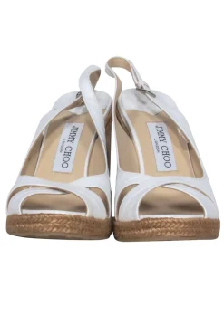 Jimmy Choo - White Reptile Embossed Leather & Cork Wedges Sz 8.5