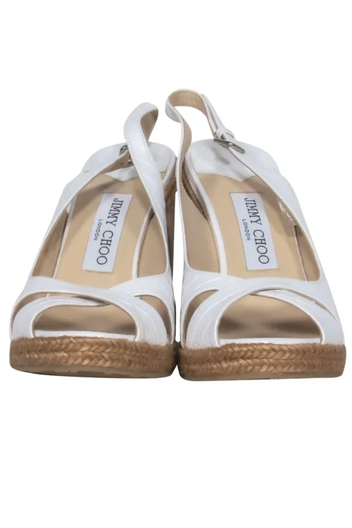 Jimmy Choo - White Reptile Embossed Leather & Cork Wedges Sz 8.5