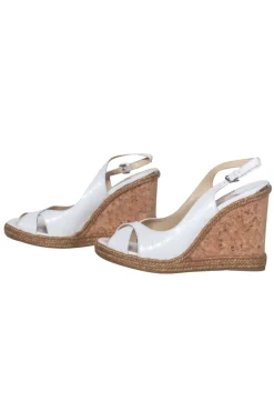 Jimmy Choo - White Reptile Embossed Leather & Cork Wedges Sz 8.5