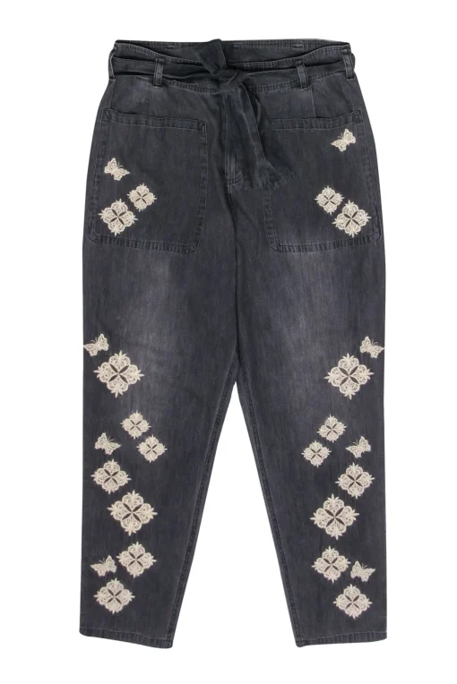 Johnny Was - Black Embroidered Cotton Pants w/ Tie Waist Sz M
