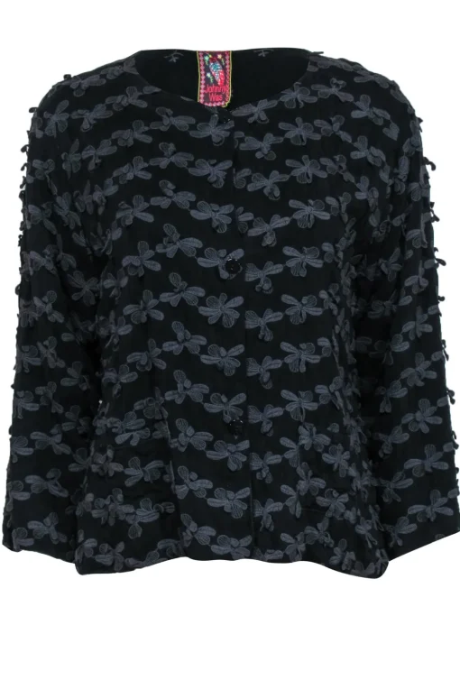 Johnny Was - Black Floral Applique Long Sleeve Shirt Sz M