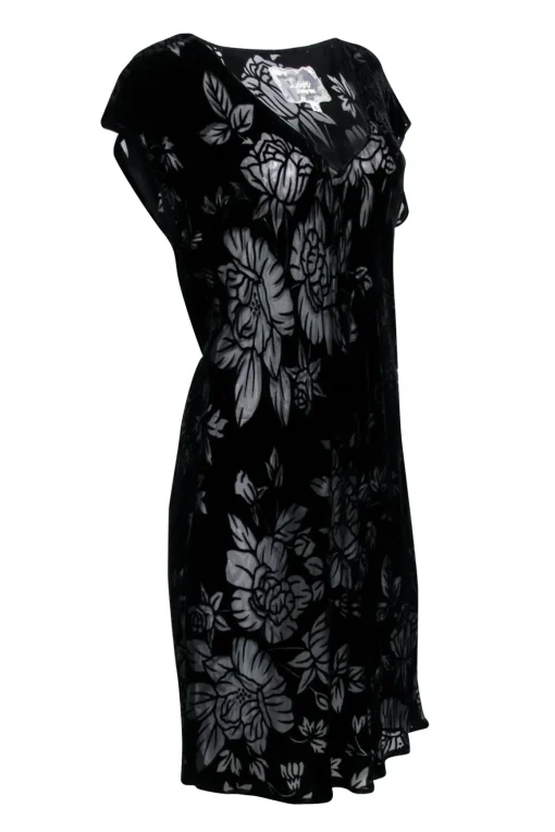 Johnny Was - Black Velvet Burnout Floral Print Dress Sz L