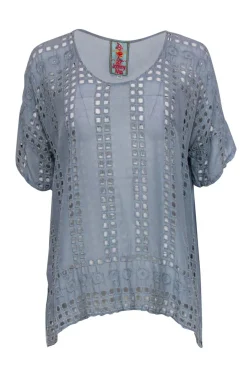 Johnny Was - Dusty Blue Short Sleeve Blouse w/ Eyelet Design Sz XS