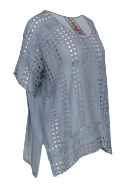 Johnny Was - Dusty Blue Short Sleeve Blouse w/ Eyelet Design Sz XS