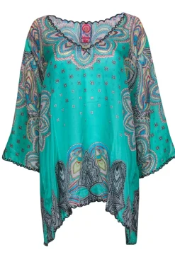 Johnny Was - Green Bohemian Print Embroidered Silk Tunic Sz XL