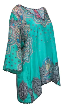 Johnny Was - Green Bohemian Print Embroidered Silk Tunic Sz XL