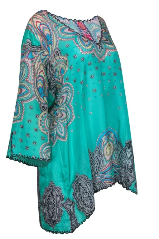 Johnny Was - Green Bohemian Print Embroidered Silk Tunic Sz XL