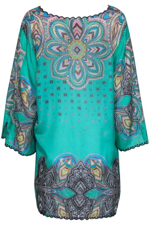 Johnny Was - Green Bohemian Print Embroidered Silk Tunic Sz XL