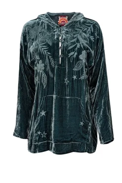 Johnny Was - Green Velvet Embroidered Long Sleeve Hooded Shirt Sz S