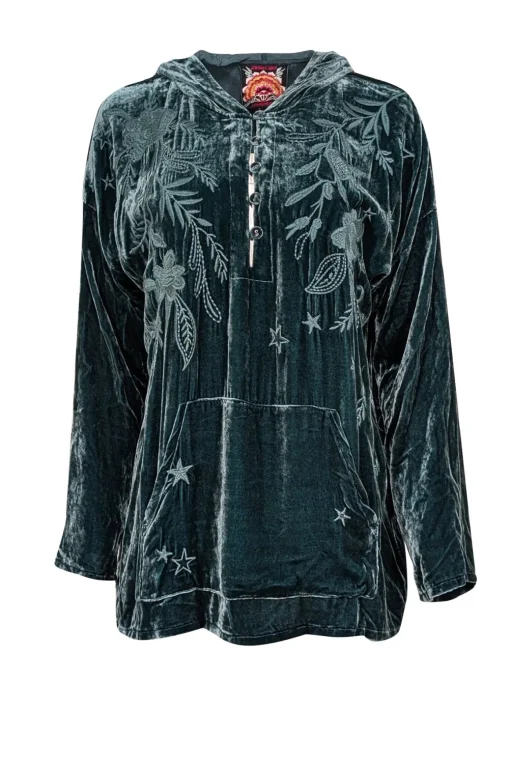 Johnny Was - Green Velvet Embroidered Long Sleeve Hooded Shirt Sz S