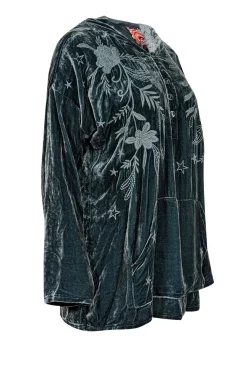 Johnny Was - Green Velvet Embroidered Long Sleeve Hooded Shirt Sz S