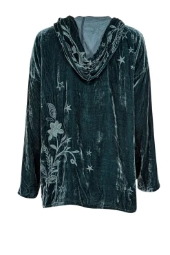 Johnny Was - Green Velvet Embroidered Long Sleeve Hooded Shirt Sz S