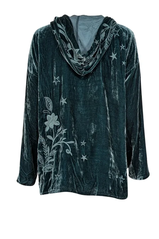 Johnny Was - Green Velvet Embroidered Long Sleeve Hooded Shirt Sz S