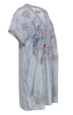 Johnny Was - Light Blue Floral Embroidered Short Sleeve Dress Sz L