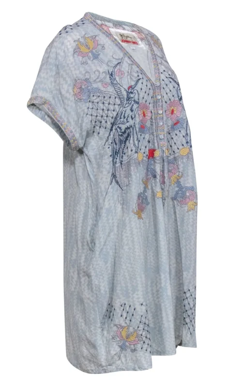 Johnny Was - Light Blue Floral Embroidered Short Sleeve Dress Sz L