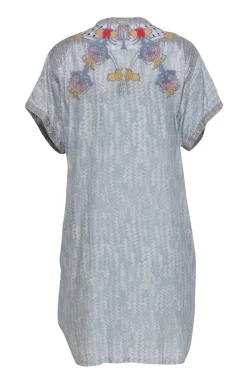 Johnny Was - Light Blue Floral Embroidered Short Sleeve Dress Sz L