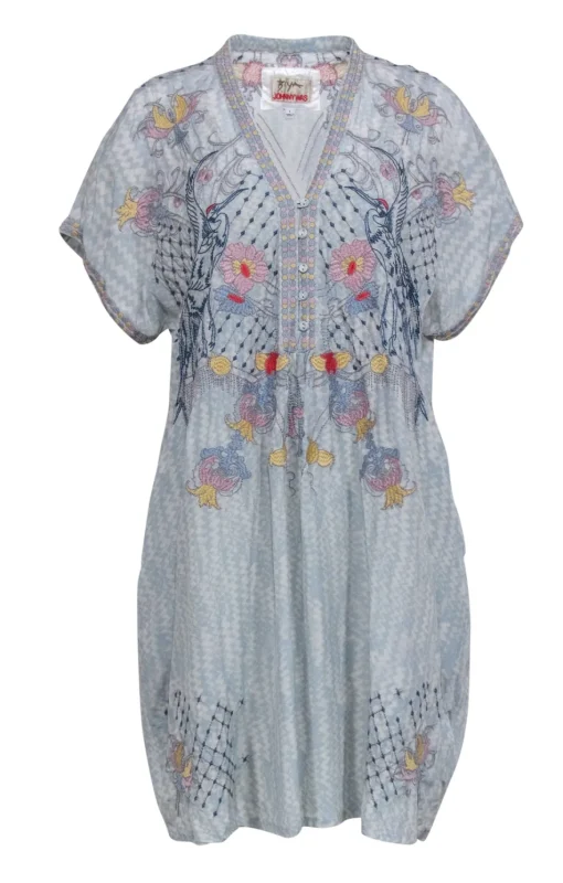 Johnny Was - Light Blue Floral Embroidered Short Sleeve Dress Sz L