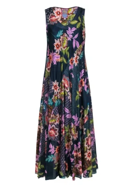 Johnny Was - Navy Floral Silk Sleeveless Midi Dress Sz L