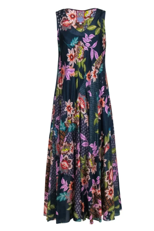 Johnny Was - Navy Floral Silk Sleeveless Midi Dress Sz L