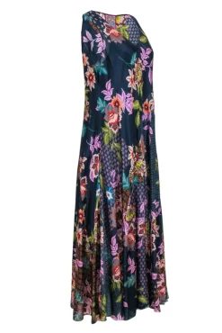 Johnny Was - Navy Floral Silk Sleeveless Midi Dress Sz L