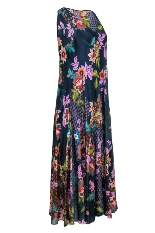 Johnny Was - Navy Floral Silk Sleeveless Midi Dress Sz L