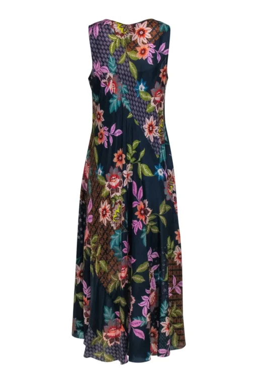 Johnny Was - Navy Floral Silk Sleeveless Midi Dress Sz L