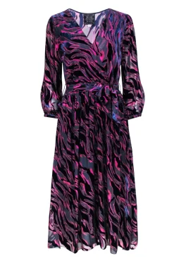 Johnny Was - Navy, Pink, & Red Print Velvet Burn Out Wrap Bodice Dress Sz S
