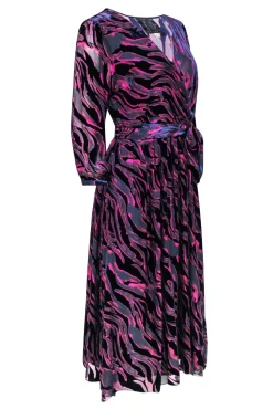 Johnny Was - Navy, Pink, & Red Print Velvet Burn Out Wrap Bodice Dress Sz S