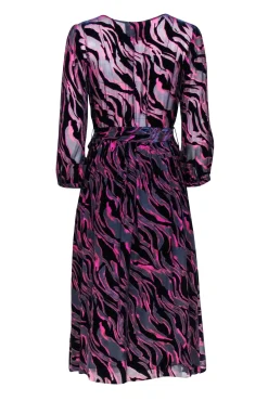 Johnny Was - Navy, Pink, & Red Print Velvet Burn Out Wrap Bodice Dress Sz S