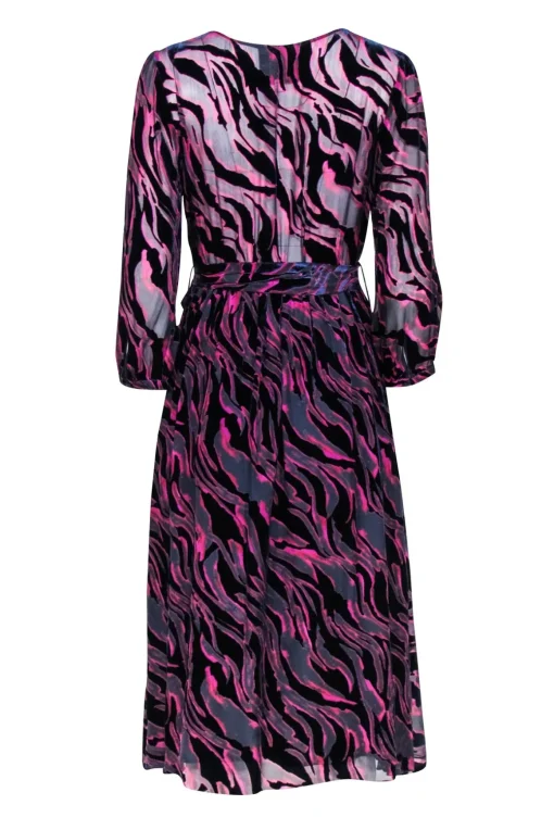 Johnny Was - Navy, Pink, & Red Print Velvet Burn Out Wrap Bodice Dress Sz S