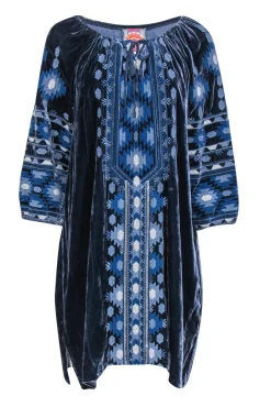 Johnny Was - Navy Velvet Embroidered Peasant Shift Dress Sz L