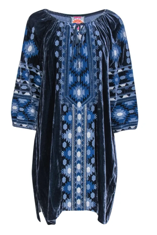 Johnny Was - Navy Velvet Embroidered Peasant Shift Dress Sz L