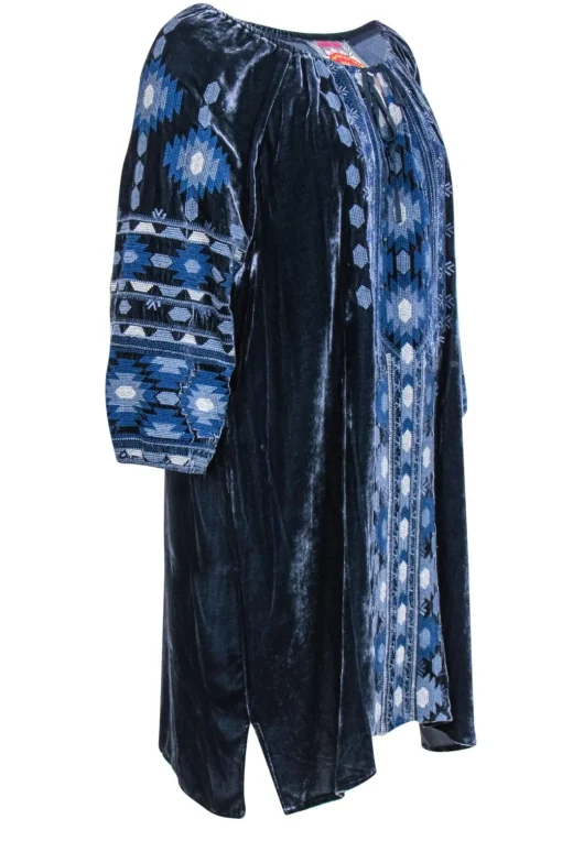 Johnny Was - Navy Velvet Embroidered Peasant Shift Dress Sz L
