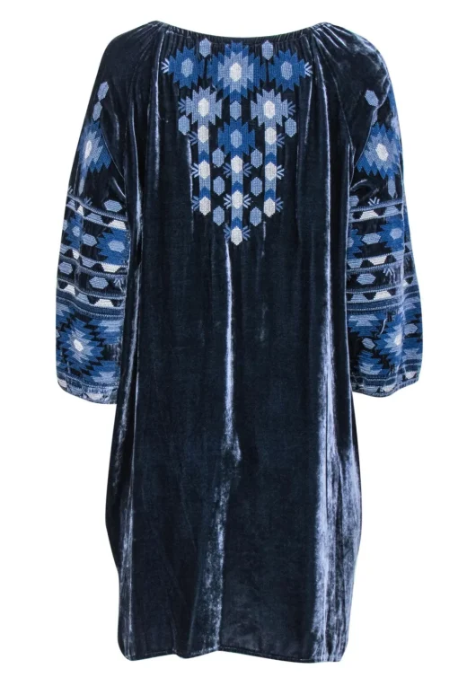 Johnny Was - Navy Velvet Embroidered Peasant Shift Dress Sz L