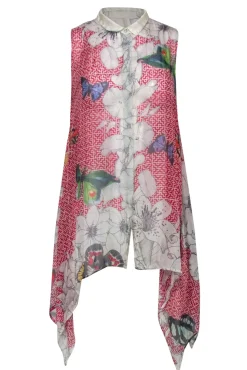 Johnny Was - Semi-Sheer Silk Red Print Scarf Hem Tunic w/ Butterflies Sz S