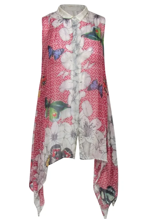 Johnny Was - Semi-Sheer Silk Red Print Scarf Hem Tunic w/ Butterflies Sz S