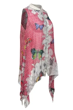 Johnny Was - Semi-Sheer Silk Red Print Scarf Hem Tunic w/ Butterflies Sz S