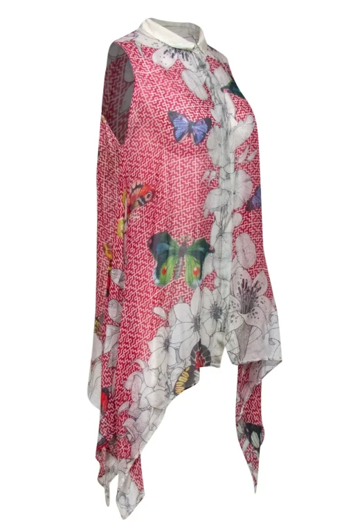 Johnny Was - Semi-Sheer Silk Red Print Scarf Hem Tunic w/ Butterflies Sz S