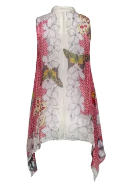Johnny Was - Semi-Sheer Silk Red Print Scarf Hem Tunic w/ Butterflies Sz S