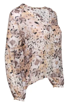 Joie - Beige & Black Floral Print Sheer Silk Blouse Sz XS