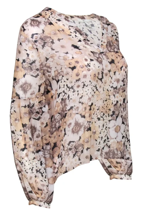 Joie - Beige & Black Floral Print Sheer Silk Blouse Sz XS