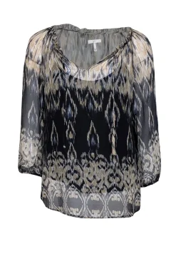 Joie - Beige & Black Print Silk Semi Sheer Blouse Sz S