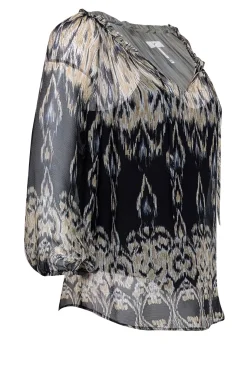 Joie - Beige & Black Print Silk Semi Sheer Blouse Sz S