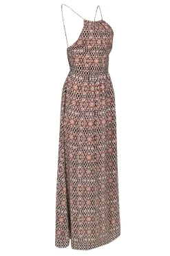 Joie - Beige, Pink & Black Bohemian Print Silk Maxi Dress w/ Lace-Up Back Sz 2