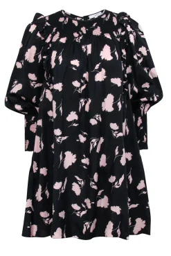 Joie - Black & Pink Floral Print Smocked Babydoll Dress w/ Ruffles Sz S