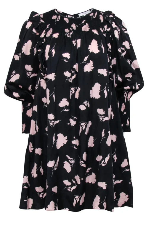 Joie - Black & Pink Floral Print Smocked Babydoll Dress w/ Ruffles Sz S