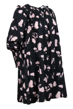 Joie - Black & Pink Floral Print Smocked Babydoll Dress w/ Ruffles Sz S