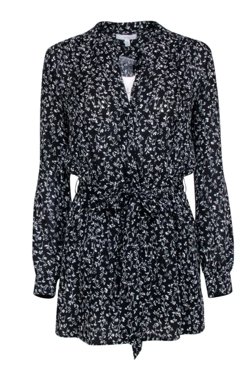 Joie - Black & White Floral Long Sleeve Quarter Button Down Dress Sz XS