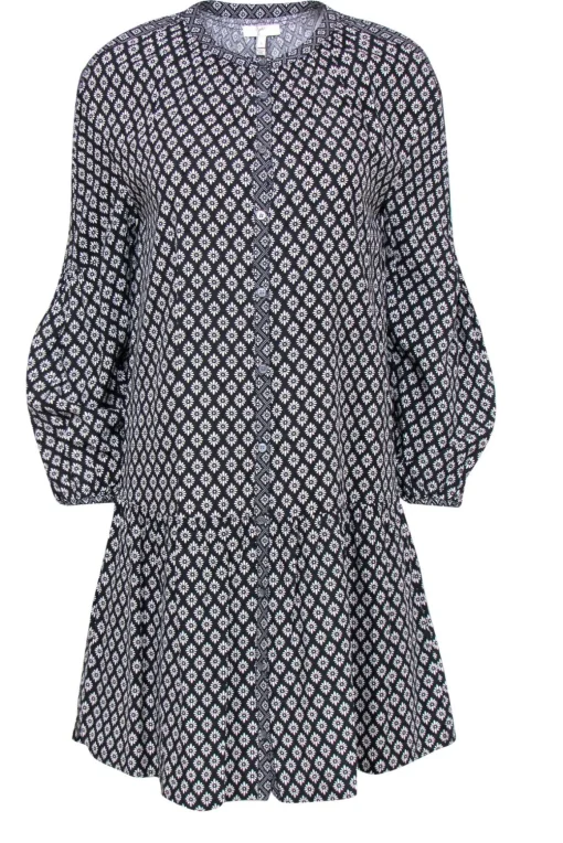 Joie - Black & White Floral Print Long Sleeve Button-Up Drop Waist Dress Sz S