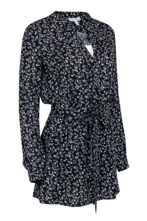 Joie - Black & White Floral Long Sleeve Quarter Button Down Dress Sz XS